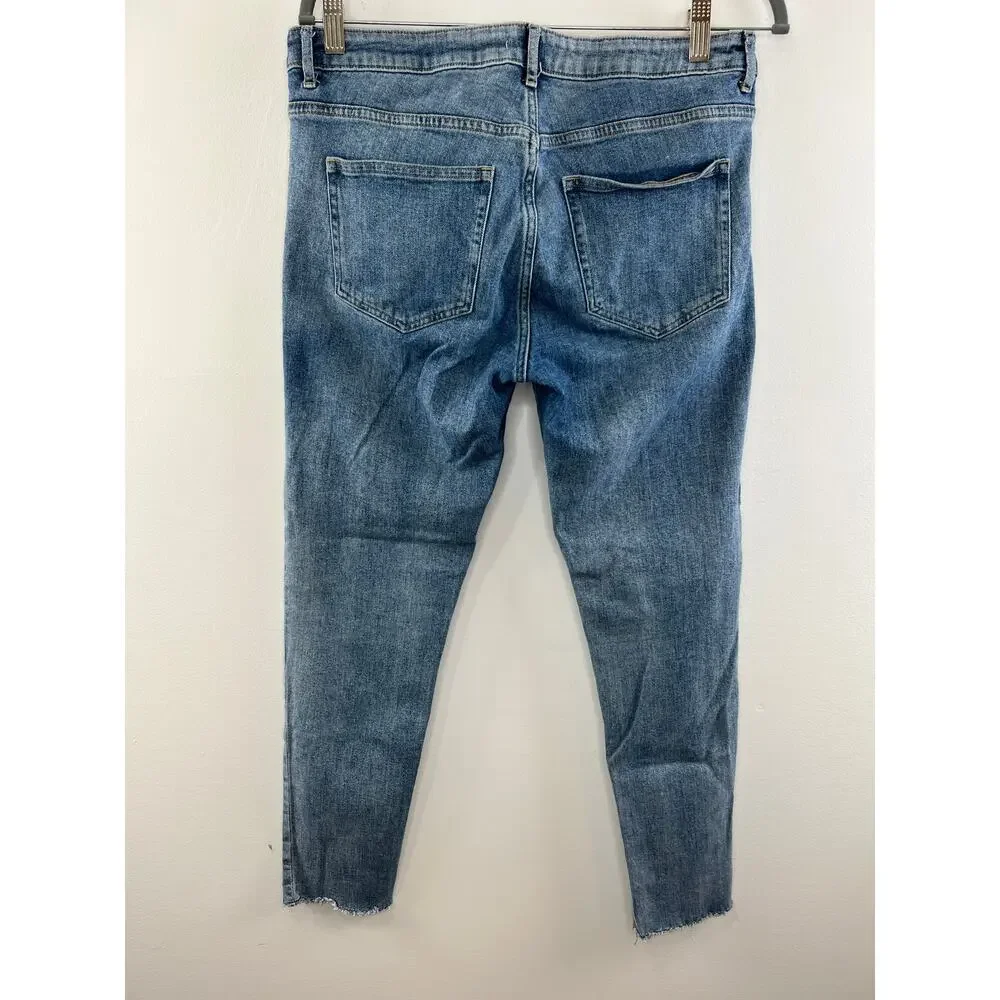 H&M Conscious Medium Wash Blue Skinny Jeans Raw Frayed Hem Mid-Rise Size 10 40
